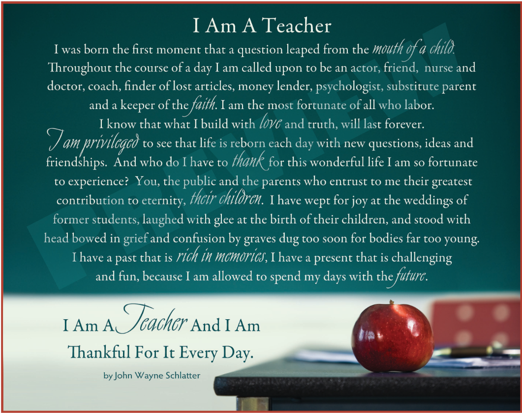 Chalkboard with the phrase 'I Am A Teacher' and a long passage; a red apple rests on a desk in the foreground.