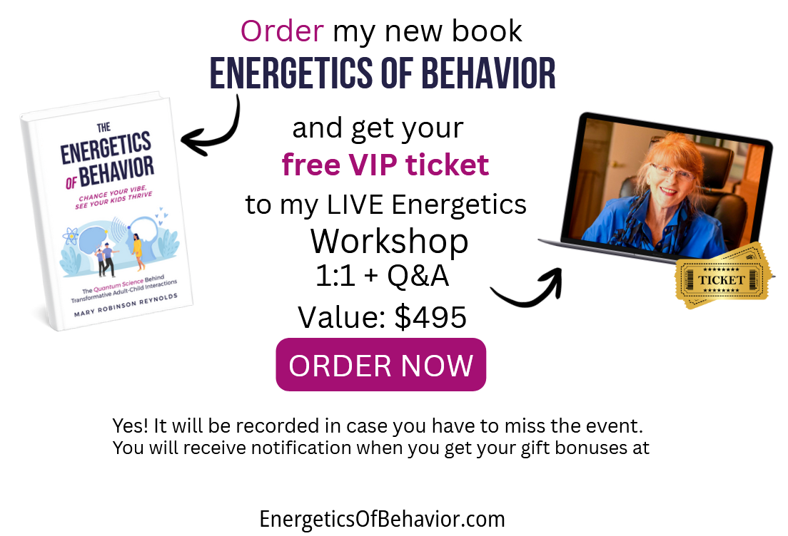 Promotional banner for Energetics of Behavior workshop offering a free VIP ticket and $495 value, featuring a book on the left, a laptop with a smiling woman on the right, and an Order Now button.