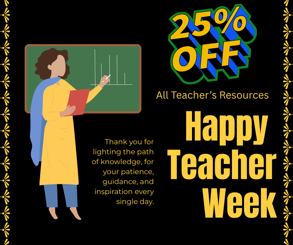 Promotion banner: 25% off all teacher resources with a teacher pointing to a chalkboard and golden greeting for Happy Teacher Week.