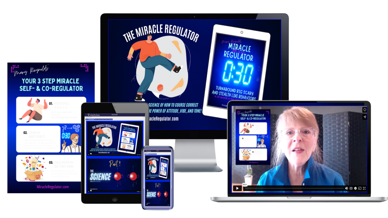Promotional collage for The Miracle Regulator shown on multiple devices (desktop monitor, tablet, phone, laptop) with marketing graphics and presenter video.