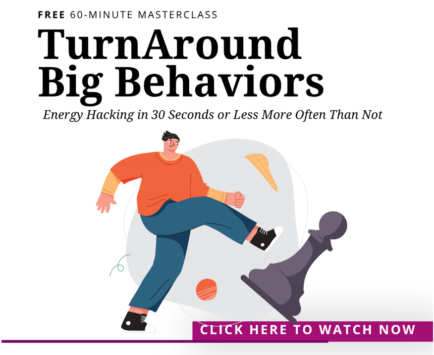 Promo banner for a masterclass: Turn Around Big Behaviors; person kicking a chess piece with a 'Click Here to Watch Now' CTA.