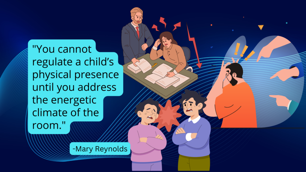 Distressed students and a teacher around a desk, with a large blue speech bubble showing a Mary Reynolds quote about addressing the classroom energy.