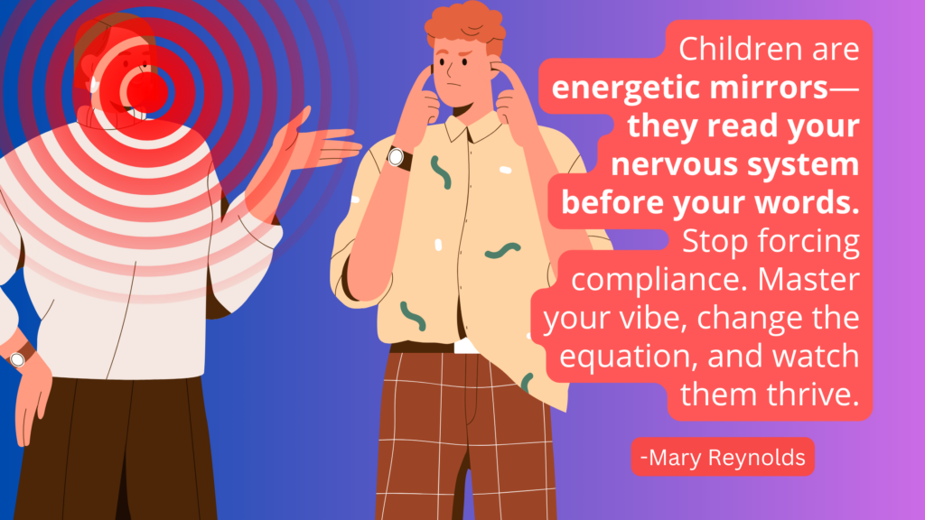 Two people talking with concentric circles in the background and a bold red quote box about children reflecting emotions and compliance barriers.