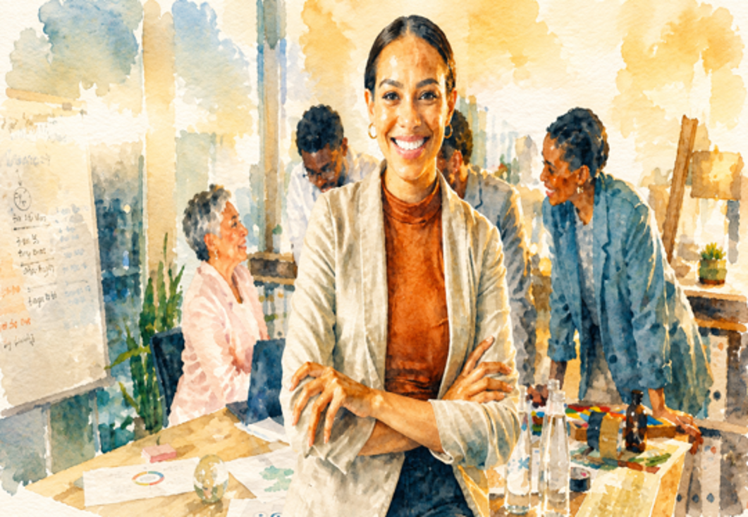 Smiling woman in a beige blazer stands at the front as colleagues brainstorm in a bright, collaborative office behind her.