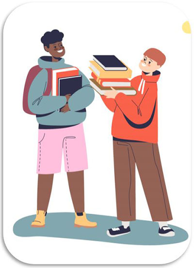 Two students with backpacks sharing a pile of books; one wearing a teal hoodie and pink shorts, the other in an orange hoodie.