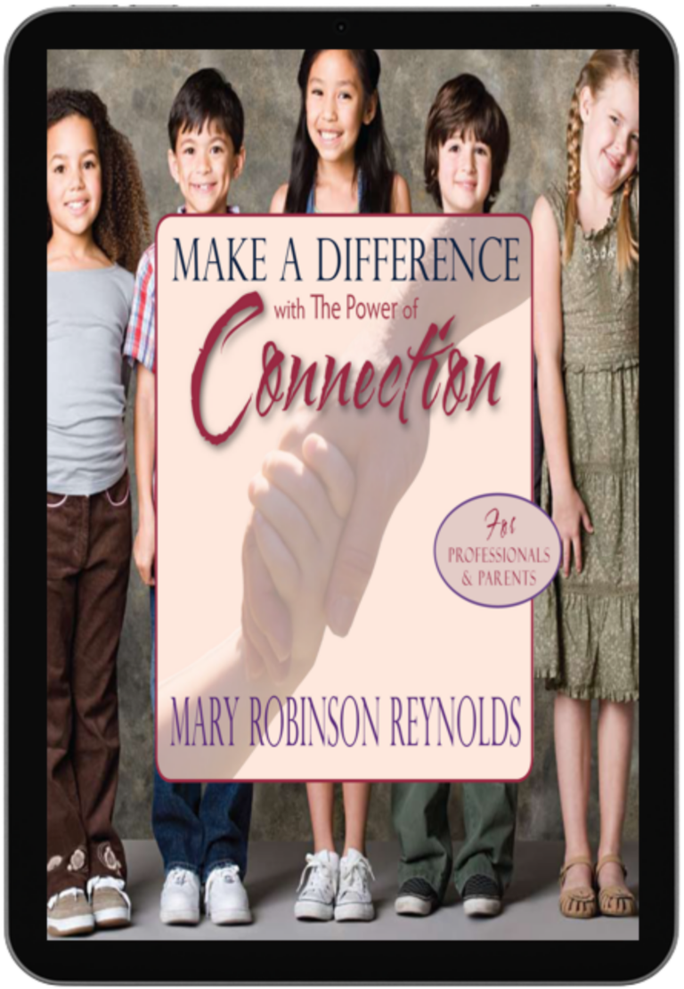 Tablet showing a book cover titled 'Make A Difference with The Power of Connection' with a handshake graphic and smiling children in the background.
