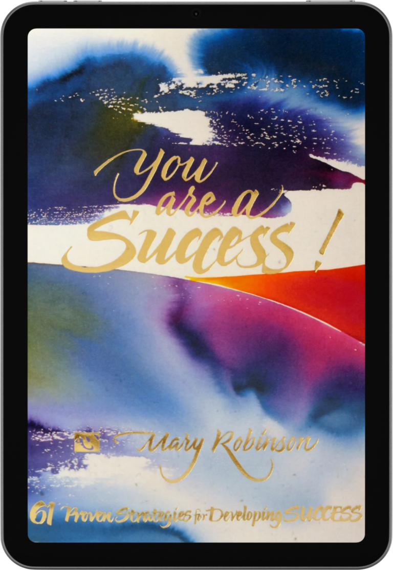 Colorful abstract book cover with gold script text reading 'You are a Success!' and author 'Mary Robinson' on a tablet screen.