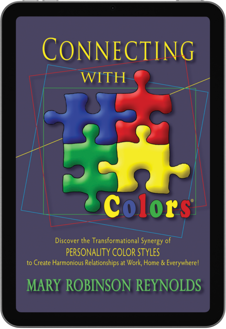 Book cover for 'Connecting with Colors' with four interlocking puzzle pieces in blue, red, green, and yellow on a purple background and the subtitle about personality color styles.