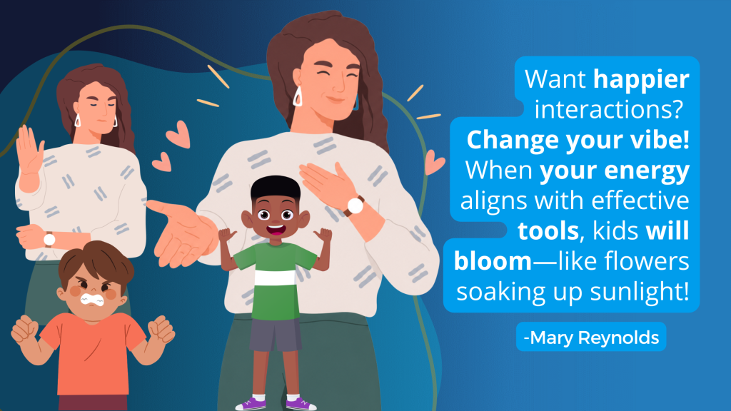 Colorful illustration of a woman with children and a bold blue speech bubble promoting happier interactions.