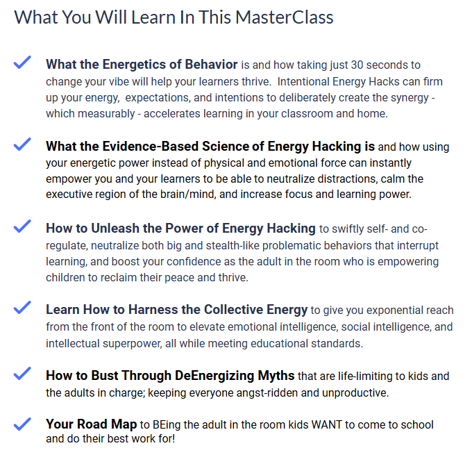 Checklist titled 'What You Will Learn In This MasterClass' with six blue check icons and descriptive item summaries.