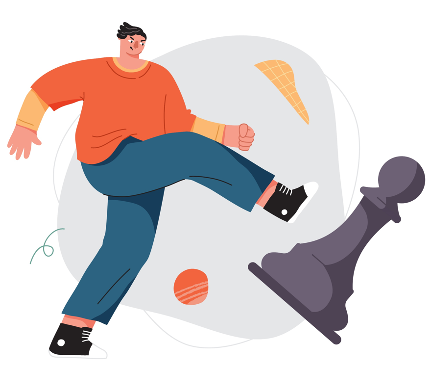 Cartoon man in an orange shirt kicks a giant gray chess pawn with a purple chess piece nearby.