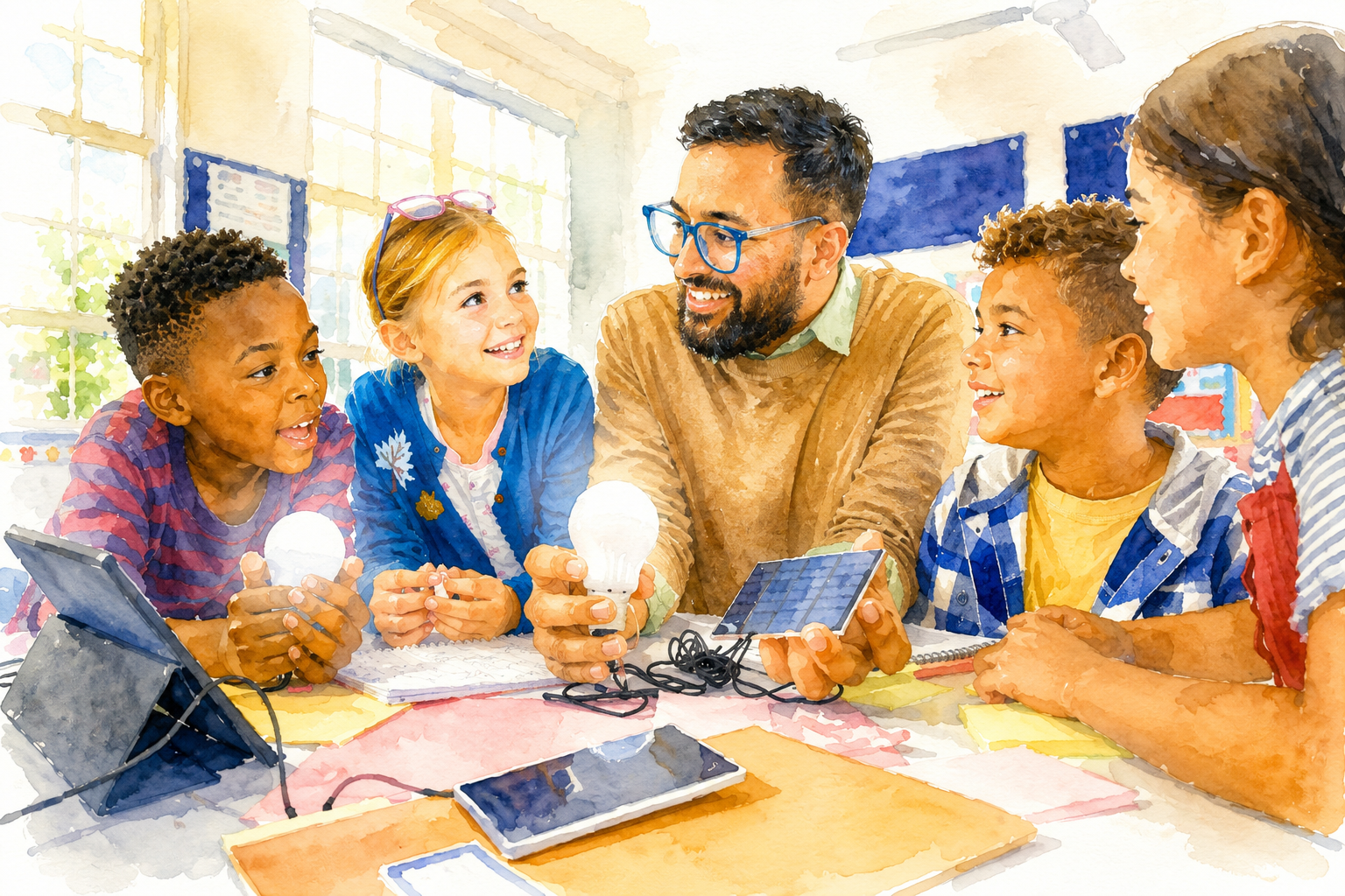 Group of children and a teacher sharing ideas around a table with a light bulb and a solar panel, in a bright classroom.