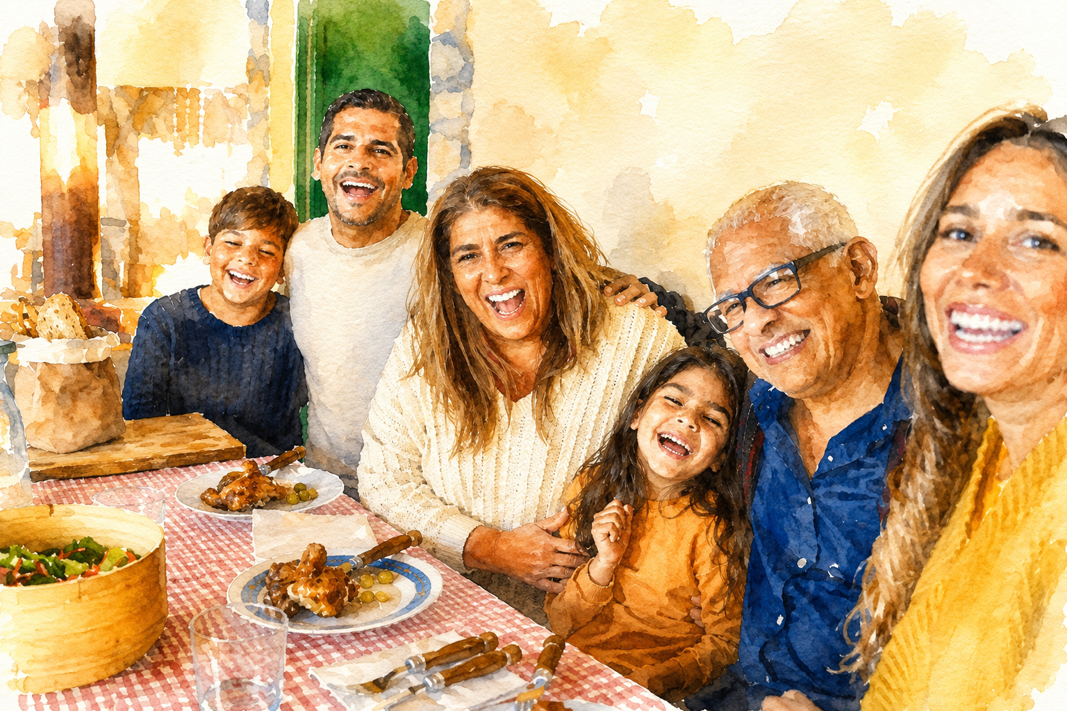Happy multi-generational family gathered around a table with food, laughing and posing for a photo.