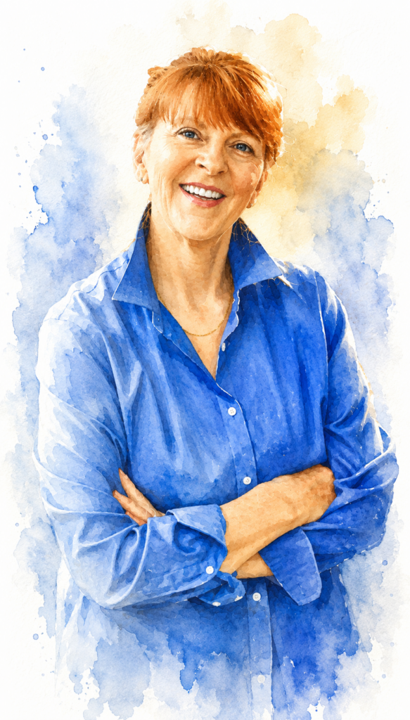 Watercolor portrait of a smiling woman in a blue button-down shirt with arms crossed, soft blue-beige background.