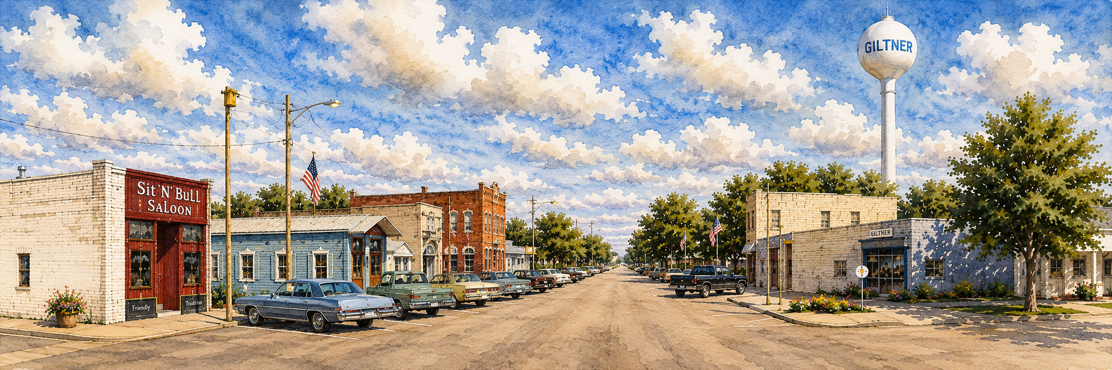 Panoramic view of Giltner, Nebraska's historic Main Street with vintage cars, brick storefronts, and a tall water towerfirst.