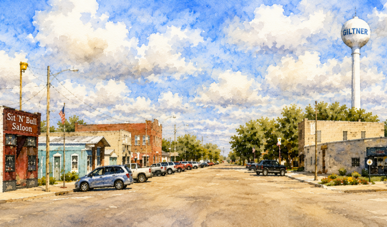 Watercolor street scene of a small town with storefronts, parked cars along both sides, and a tall water tower in the distance.