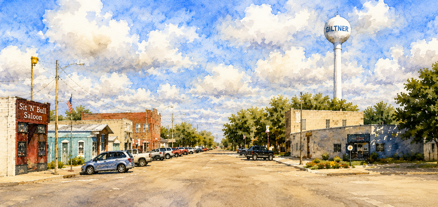 Watercolor illustration of a small town main street with colorful storefronts, parked cars, and a tall water tower labeled 'GILTNER' under a blue, cloudy sky.