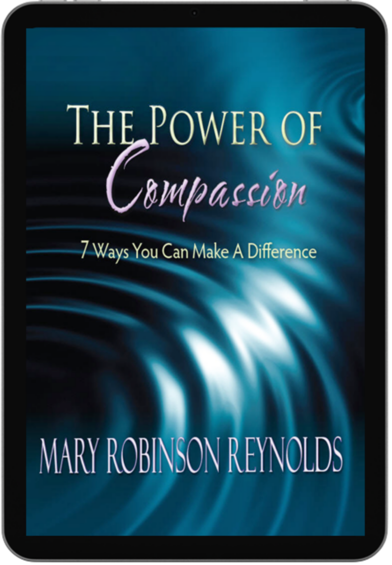 Book cover for 'The Power of Compassion: 7 Ways You Can Make a Difference' by Mary Robinson Reynolds, with a blue swirling background.