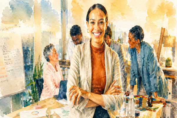 Smiling woman in a tan blazer stands with folded arms in a bright coworking space while diverse colleagues work at a table in the background.